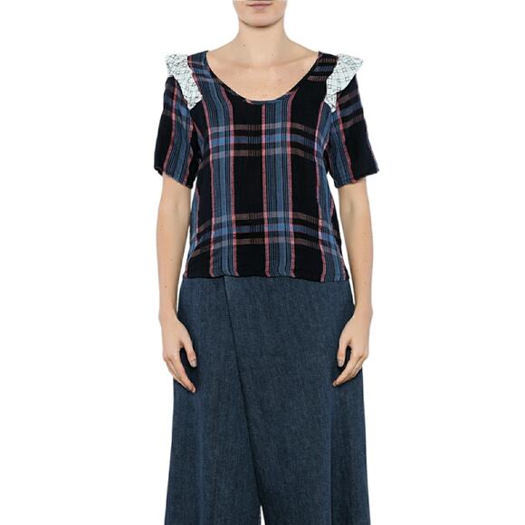 ACE & JIG Fiddle top plaid ruffle shoulder reversible blouse in River Size M - Picture 3 of 12